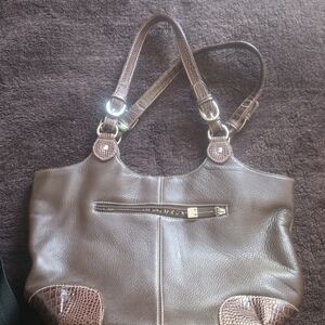 Women's Brown Shoulder Bag with Croc-Accent Handles